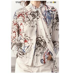 Zara Artistic Print Button Down Statement Blouse Neck Tie Scarf Viscose Medium
